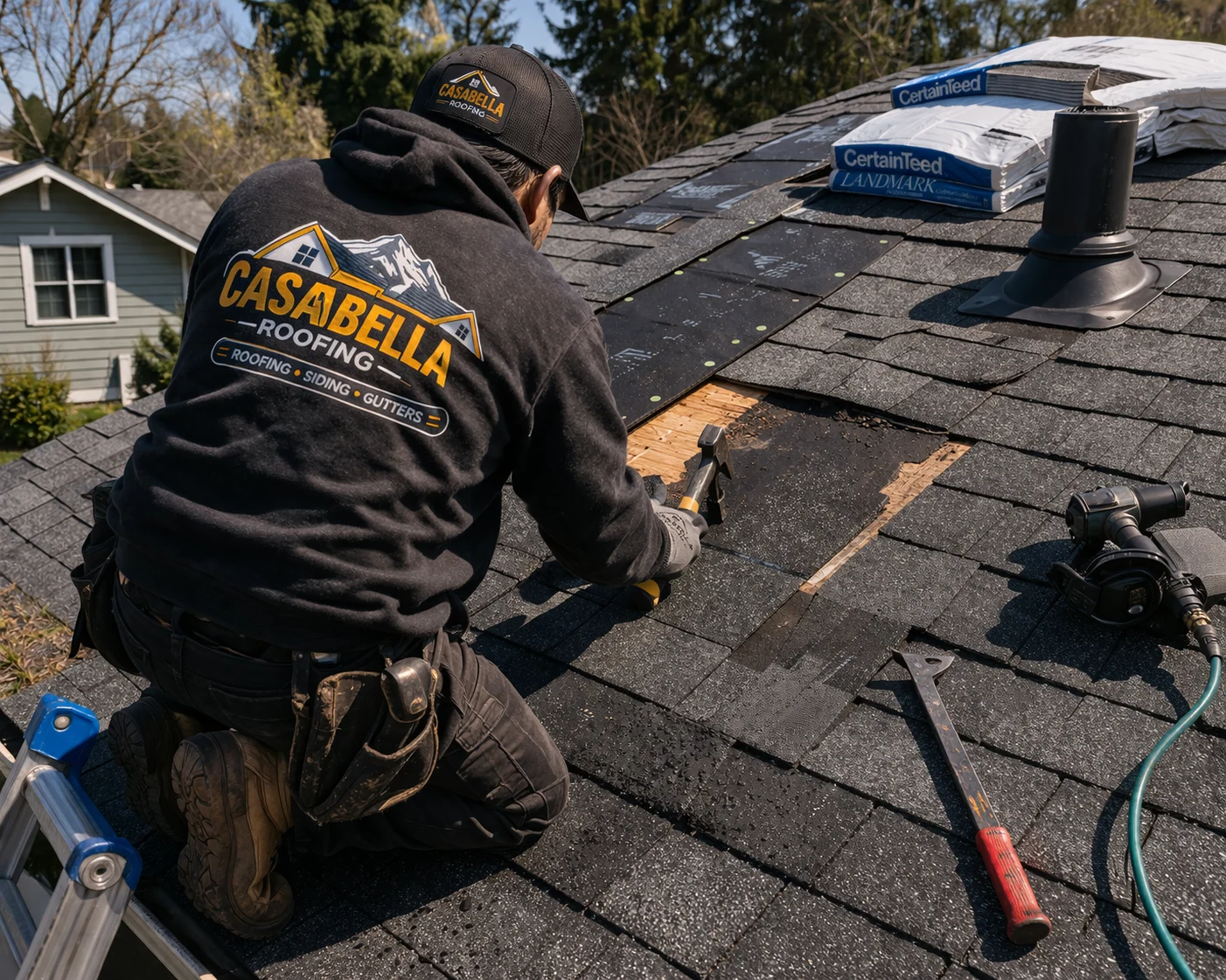 Roofer at work under bright skies